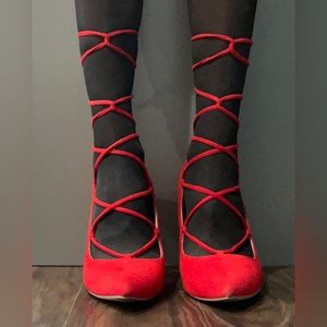 Brash red faux suede pointed toe 3.5” pumps with ankle tie, sz 9